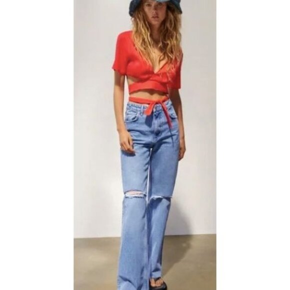 NWT ZARA Linen Blend Red Crisscross Self-tie Crop Top-sz XL - Picture 1 of 11